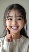 Young Asian woman with bright genuine smile wearing white knit sweater raises index finger in playful gesture against neutral background. Natural makeup and bangs complete look.