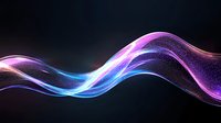 Glowing abstract wave with particles flowing in dark space, featuring vibrant purple and blue neon colors creating dynamic motion effect.