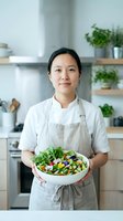 Asian female chef in linen apron holding fresh vegetable salad in modern kitchen with potted plants and wooden shelves, healthy cooking and nutrition concept.