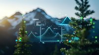 Digital data visualization with mountain graphs and analytics overlaid on scenic mountain landscape at dusk, combining technology and nature.