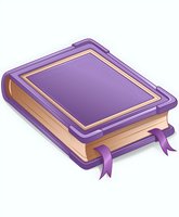 Purple hardcover book with gold frame decoration and ribbon bookmark on white background, isolated illustration for educational and literary designs.