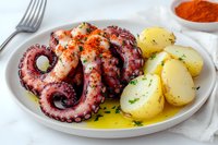 Grilled octopus with tender tentacles served on white plate with boiled potatoes, olive oil, herbs and paprika spice, Mediterranean cuisine preparation.
