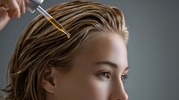 Caucasian woman with wet blonde hair receiving hair oil treatment against dark background, side view profile of beauty and haircare procedure.