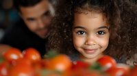 Smiling mixed race girl with curly hair and bright eyes near fresh tomatoes in kitchen, father figure in background preparing healthy meal together.