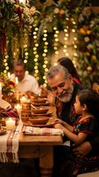 Hispanic grandfather with gray beard sharing traditional meal with granddaughter at festive dinner table with string lights and floral decorations.