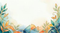 Watercolor botanical border with teal and orange leaves, golden outlines, and abstract waves on a light background with copy space.