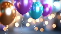 Festive balloons in purple, turquoise and gold colors floating against blurred bokeh lights background create magical party atmosphere.