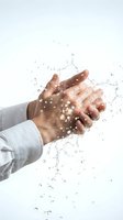 Businessman hands cupping fresh water with dynamic splash and droplets on clean white background for hygiene and purity concepts.