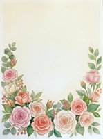 Watercolor rose floral border frame with pink and cream blooms, green foliage, and buds on cream background. Suitable for wedding invitations, greeting cards, stationery design.