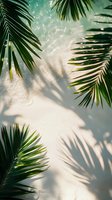 Tropical palm leaves casting shadows on light wall with sparkling water reflections, creating summer vacation atmosphere.