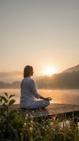 Woman practicing yoga meditation at sunrise by lake with mountains in background. Peaceful morning wellness and mindfulness concept for mental health.