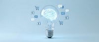 Creative lightbulb with brain inside surrounded by shopping cart and chat bubble icons representing innovative e-commerce and digital marketing solutions.