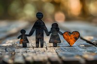 Silhouette of family figures holding hands with heart shape cut out, backlit against warm bokeh background on rustic wooden surface. For greeting cards and family concepts.