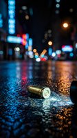Empty bullet shell casing on wet asphalt street at night with blurred city lights and bokeh background creating dramatic urban crime scene atmosphere.