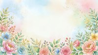 Soft watercolor floral border with pastel roses, peonies, and green leaves on a light background with golden dots. Great for cards and invitations.