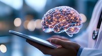Glowing digital brain hologram floating over medical professional's tablet device against blurred hospital background with bokeh lights.