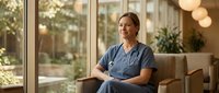 Middle-aged Asian female healthcare professional in scrubs sitting confidently in modern medical facility lounge with warm lighting and plants.