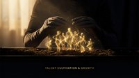 Hands protecting glowing human figures in soil, symbolizing talent development, team growth, and business success through nurturing and mentorship strategies.