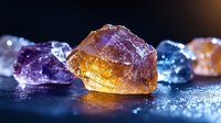 Raw fluorite crystals in purple, amber and blue colors on dark reflective surface with water drops, dramatic lighting highlights mineral transparency.