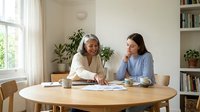 Senior Caucasian woman and young brunette woman discussing documents at wooden table in bright home office with plants and books.