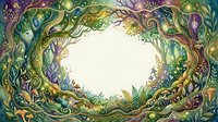 Enchanted forest frame with mystical vines, leaves and magical creatures creating ornate border on light background for fantasy designs and storytelling.
