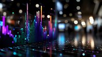 Colorful digital audio equalizer bars glowing in vibrant neon colors against dark background with bokeh lights creating dynamic music visualization pattern.