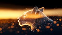 Glowing cat silhouette with sparkling particles against dark background creates magical atmosphere, orange bokeh lights and mystical effect for fantasy designs.