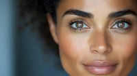 Close up portrait of young mixed race woman with natural makeup, glowing skin, brown eyes and curly dark hair against blue background. Wellness and beauty concept.