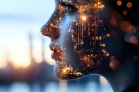 Double exposure silhouette profile merging with glowing cityscape at dusk, illuminated by golden lights and bokeh effects creating dreamy urban atmosphere.