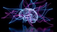 Glowing neon brain with electric energy waves radiating outward in purple and blue colors on black background for neuroscience and technology concepts.