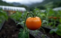 Fresh ripe orange tomato growing on vine in organic greenhouse garden, with blurred green background and natural lighting, close-up macro shot.