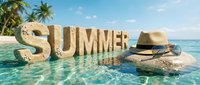 Sandy SUMMER letters standing in crystal clear turquoise ocean water with straw hat and sunglasses on tropical beach with palm trees.