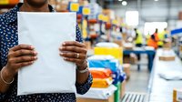 Worker holding blank white paper in warehouse with colorful inventory boxes and shelving in background, suitable for business communications and logistics concepts.