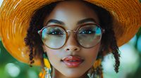 Young African American woman with natural curly hair wearing round glasses and straw hat, smiling confidently against blurred summer background. Bright turquoise makeup highlights her features.