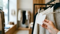 Cropped view of female hand holding blank price tag on linen garment hanging on rack in retail clothing store or boutique showroom for fashion merchandising and retail business.