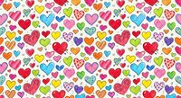 Colorful doodle hearts seamless pattern on white background, tiling into a single repeating design for wrapping paper, fabric, and cards.