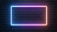 Glowing neon rectangle frame with gradient color from blue to pink on dark brick wall background, modern night club or urban style design element.