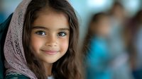 Young girl with brown hair wearing knitted hood smiling at camera with bright blue eyes and gentle expression in soft natural lighting for family portraits.