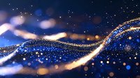 Magical glowing waves with golden and blue bokeh lights on dark background create dreamy abstract pattern. Sparkling particles flow in gentle curves.