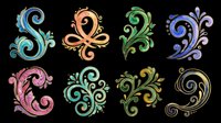 Ornamental swirl flourishes with decorative scrolls and botanical leaf details in multiple colors, isolated on transparent background. Ready for clipart, t-shirt design, stickers, and print-on-demand projects.