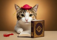 Tabby and white cat wearing red bowler hat next to open book and ornate leather-bound volume on beige background. Whimsical animal character for greeting cards, children's books, and humorous designs.