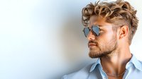 Young Caucasian man with styled wavy blonde hair and beard wearing reflective sunglasses and light blue shirt against blurred background, modern fashion portrait.