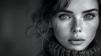 Close up portrait of young woman with freckles and striking eyes wearing knit sweater in dramatic black and white lighting, natural beauty and authentic expression.