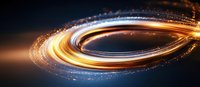 Glowing spiral light trail with golden particles swirling in dark space creating dynamic motion effect. Abstract background for technology and innovation concepts.
