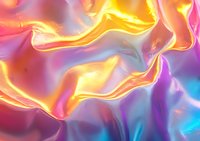 Vibrant holographic waves in gold, pink, and purple create dynamic fluid motion effect with smooth metallic texture and iridescent color transitions for modern design.
