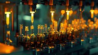 Pharmaceutical manufacturing process showing illuminated glass vials and ampoules on automated production line with golden liquid medicine in modern laboratory setting.