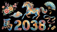 Ornamental Asian design elements featuring decorative horse, fan, flowers, and numbers isolated on transparent background for t-shirt design, clipart, stickers, and print-on-demand projects.