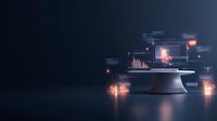 Futuristic digital workspace with holographic displays showing data analytics and financial charts floating above modern pedestal in dark environment.