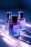 Magical glowing perfume bottles with sparkly galaxy-like liquid inside captured in purple and blue tones with bokeh lights and reflective surface for luxury cosmetics.