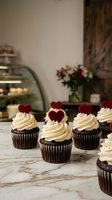 Chocolate cupcakes with vanilla frosting and red heart decorations displayed on marble counter in cozy bakery setting for romantic celebrations.